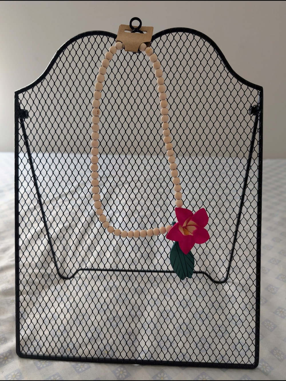 Wooden Necklace with Fushia Tropical Flower